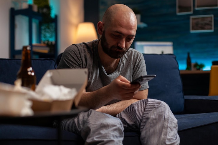 Foto gratuito persona desesperada y frustrada que navega por internet con smartphones, tratando de curar las dificultades de las enfermedades mentales y los pensamientos suicidas. hombre triste y ansioso con depresión crónica usando un dispositivo móvil.