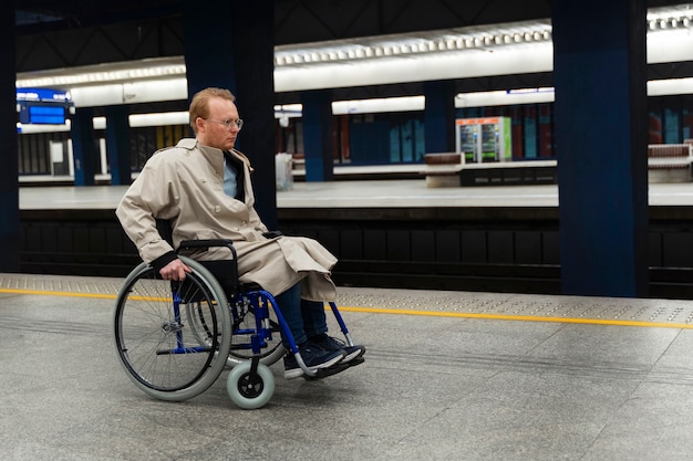 Foto gratuita persona discapacitada que viaja en la ciudad