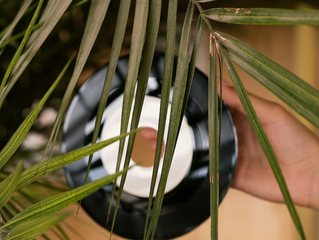 Foto gratuita persona con disco de vinilo detrás de una hoja