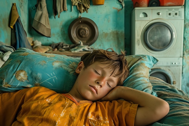 Persona durmiendo en una cama en una casa pequeña