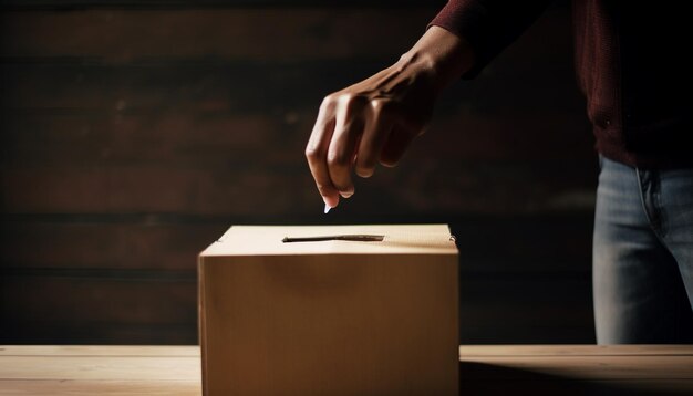 Una persona empacando una caja de cartón para el envío generada por IA