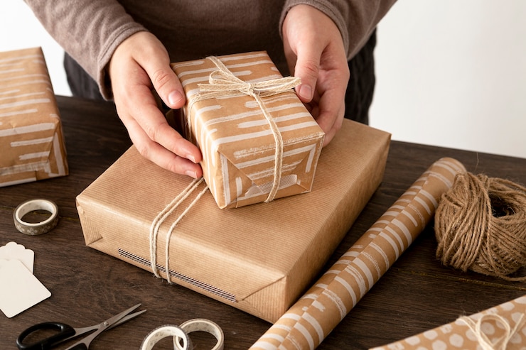 Foto gratuito persona envolver un regalo de navidad