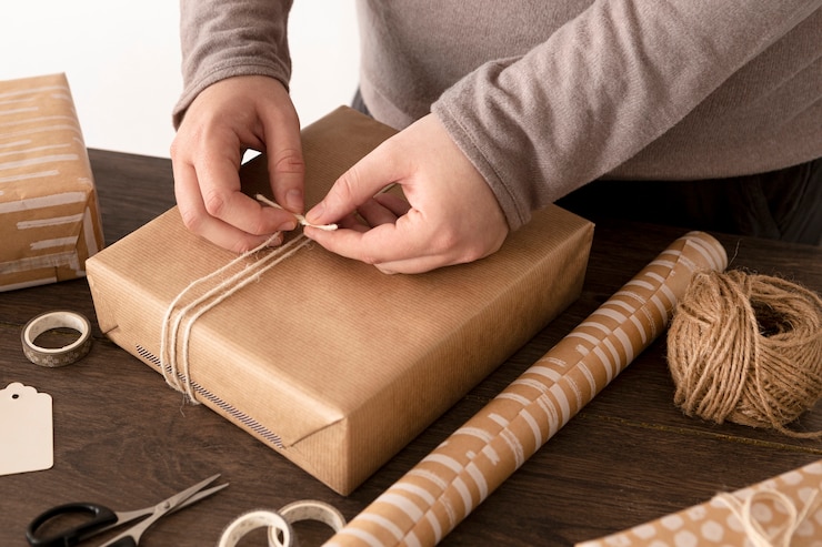 Foto gratuito persona envolver un regalo de navidad