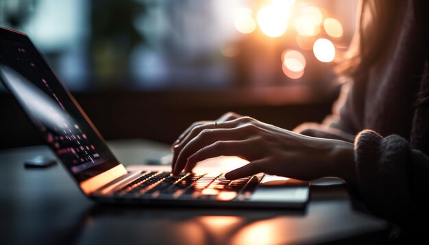 Una persona escribiendo en una computadora portátil por la noche generada por IA