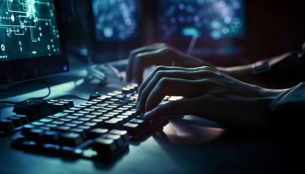 Una persona escribiendo en el teclado de la computadora por la noche generado por AI