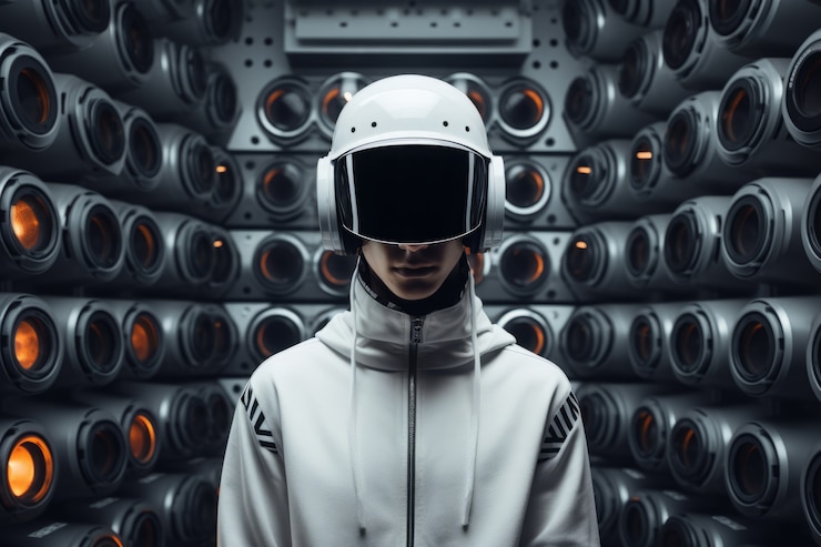 Foto gratuito persona futurista escuchando música con auriculares ultra modernos