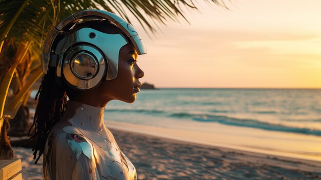 Persona futurista escuchando música con auriculares ultra modernos