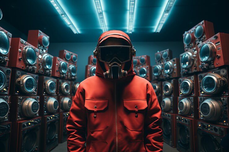 Foto gratuito persona futurista escuchando música con auriculares ultra modernos