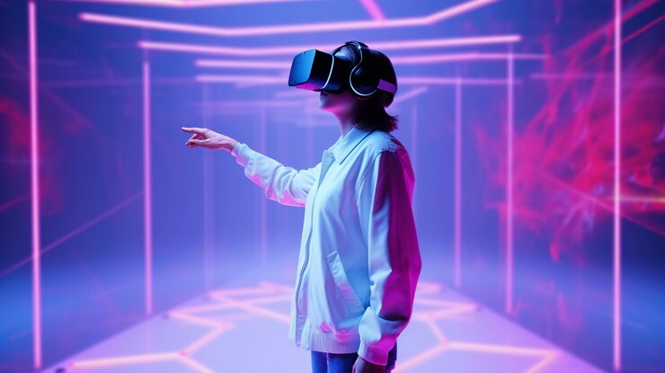 Foto gratuito persona con gafas vr en sala de neón