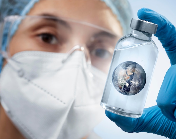 Foto gratuito persona con guantes quirúrgicos sosteniendo la tierra en una botella