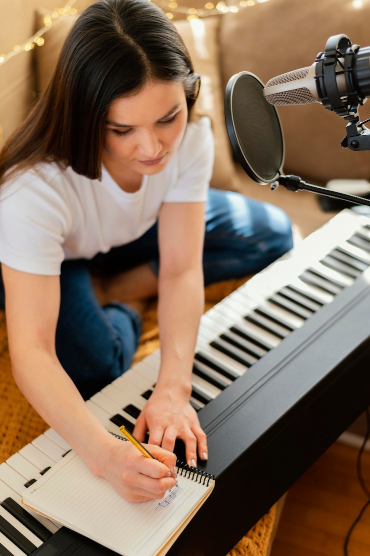 Foto gratuito persona haciendo música en casa