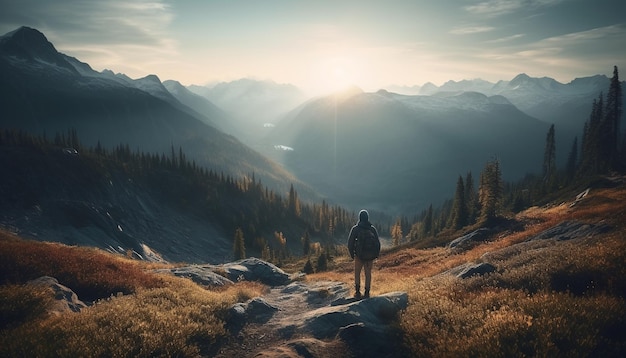 Una persona haciendo senderismo por la cima de una montaña en otoño generada por IA