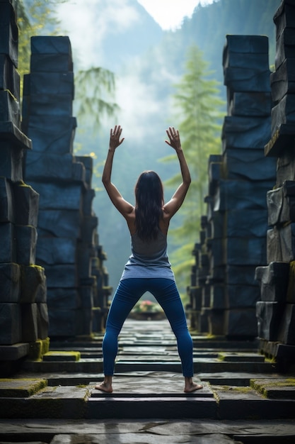 Persona haciendo yoga en la naturaleza.