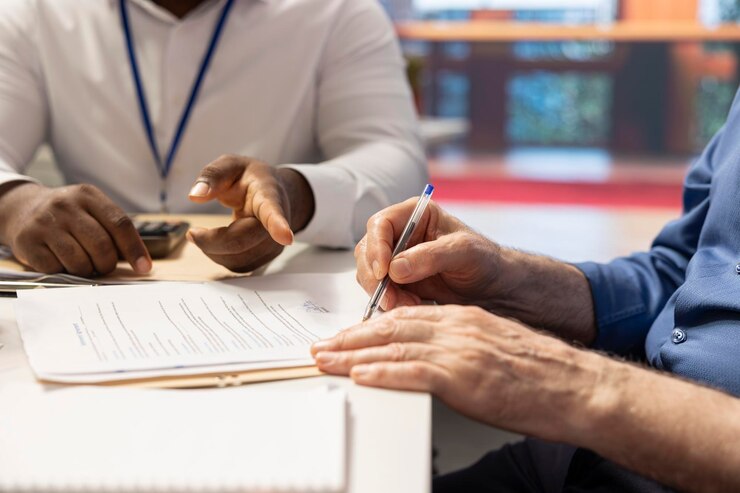 Foto gratuito persona madura que firma el contrato del plan de pensiones para un paquete de pensiones