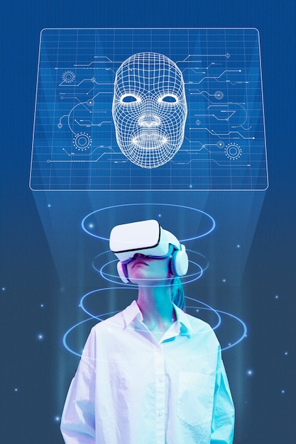 Persona con máscara de avatar de metaverso futurista