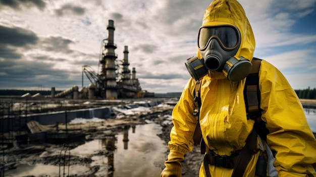 Persona con materiales peligrosos y máscara afuera de una planta de energía nuclear