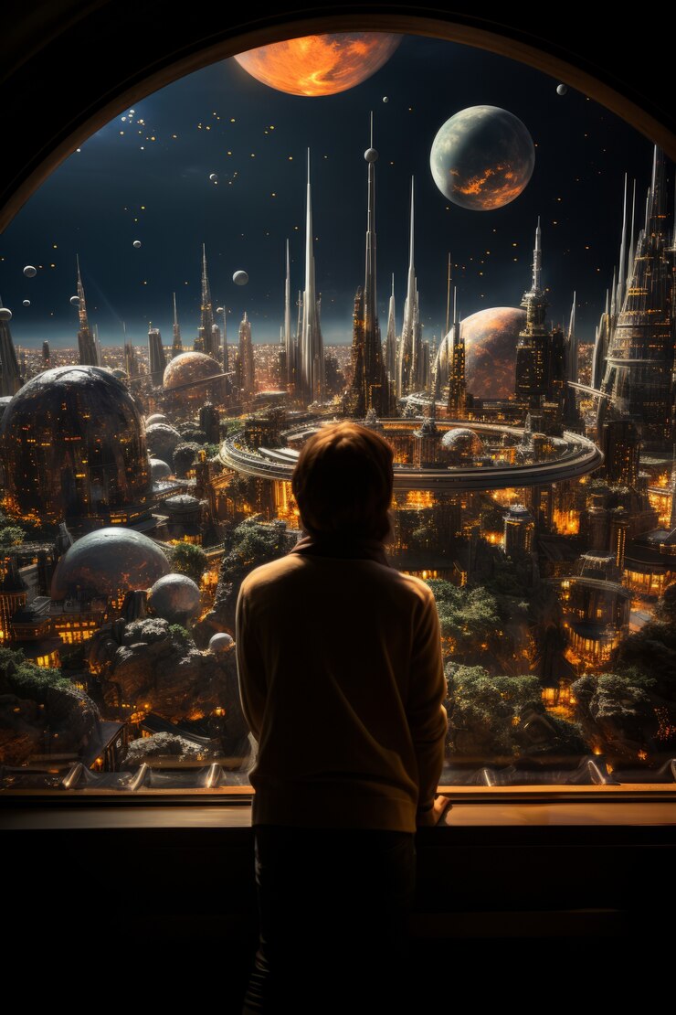 Foto gratuito persona mirando el cielo místico futurista de otro mundo