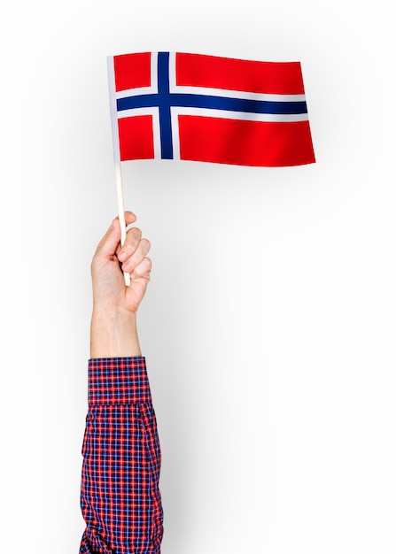 Persona ondeando la bandera del Reino de Noruega.
