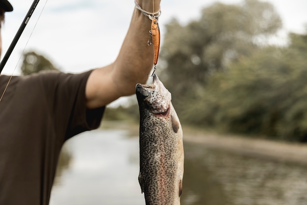 Foto gratuita persona pescando un pez con una caña de pescar