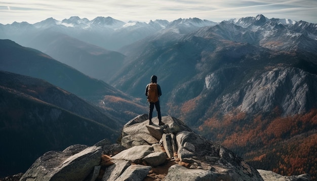 Una persona de pie en la cima del éxito de mochilero en la cima de la montaña generado por IA