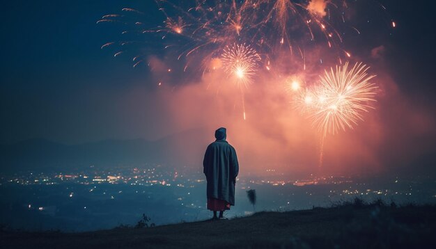 Una persona de pie iluminada por un espectáculo de fuegos artificiales generado por IA