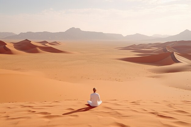 Persona practicando meditación de yoga en el desierto.