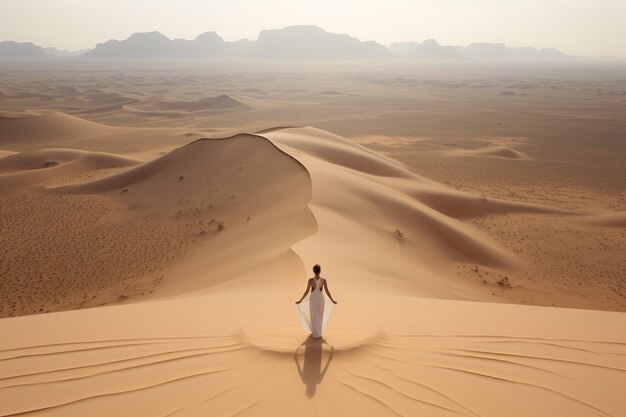 Persona practicando meditación de yoga en el desierto.