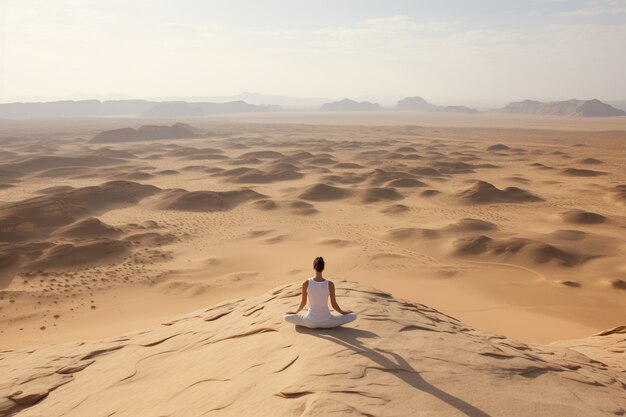 Persona practicando meditación de yoga en el desierto.