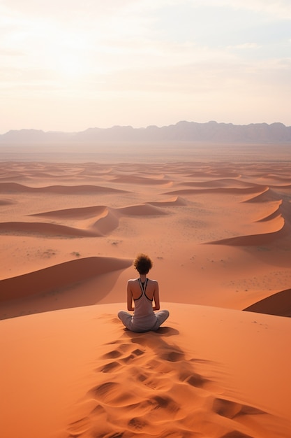Persona practicando meditación de yoga en el desierto.
