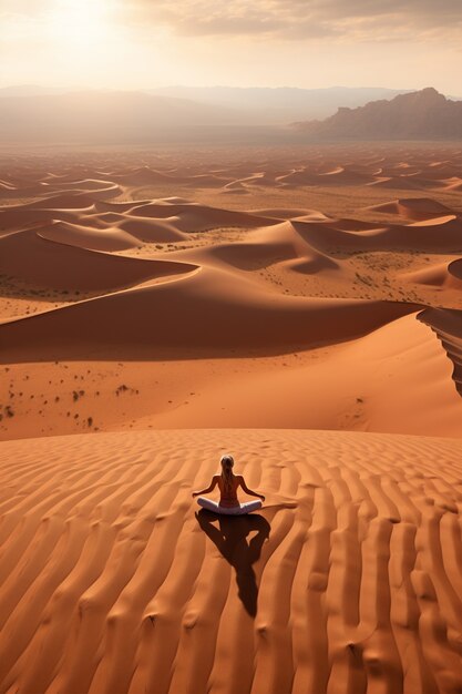 Persona practicando meditación de yoga en el desierto.