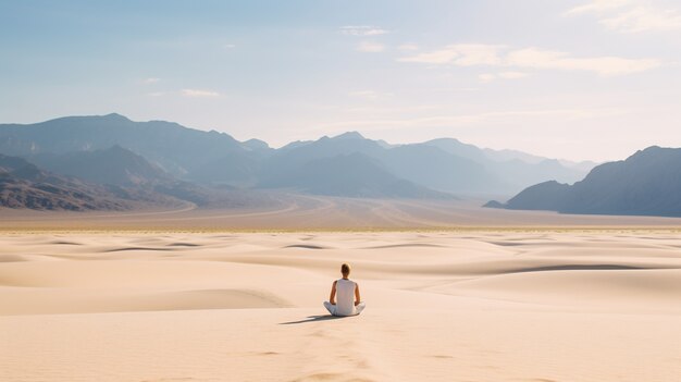 Persona practicando meditación de yoga en el desierto.