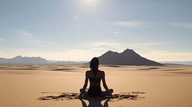 Persona practicando meditación de yoga en el desierto.