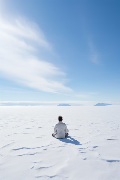 Persona practicando meditación de yoga durante el invierno con nieve.