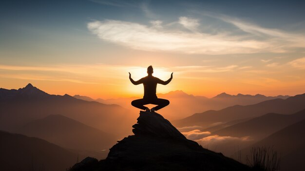 Persona practicando meditación de yoga en la naturaleza al atardecer o al amanecer.