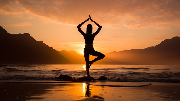 Persona practicando meditación de yoga en la naturaleza al atardecer o al amanecer.