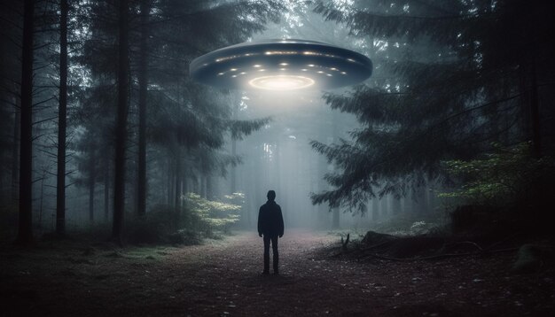 Una persona que camina en un bosque espeluznante se encuentra con un extraterrestre generado por IA