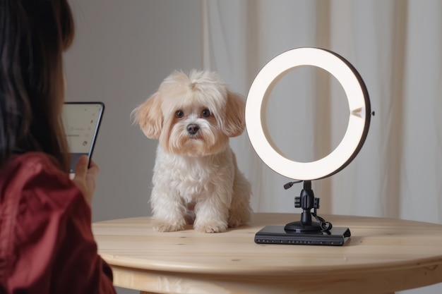 Foto gratuita persona que crea contenido en línea con sus mascotas