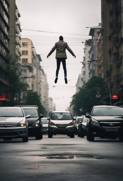 Foto gratuita persona que desafía las leyes de la física levitando en la atmósfera