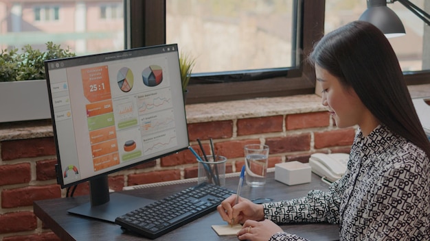 Persona que escribe en notas adhesivas para recordar la tarea en la computadora. Mujer de negocios que usa papel post-it como recordatorio para trabajar en la planificación de proyectos para la eficiencia e inspiración de la empresa.