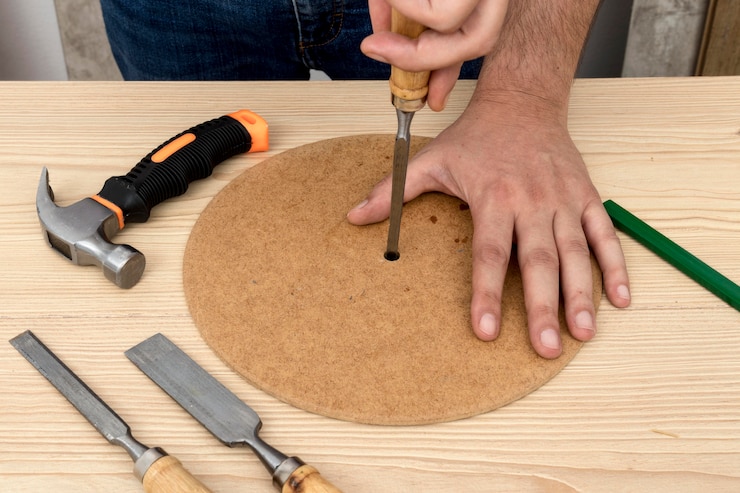 Foto gratuito persona que hace un agujero en un trozo de madera