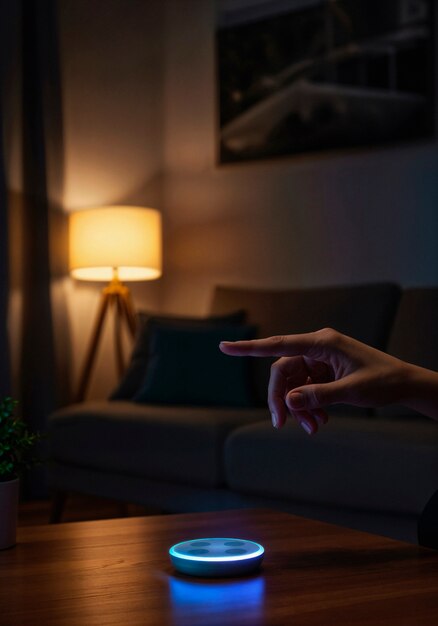 Persona que interactúa con un dispositivo de hogar inteligente en la sala de estar