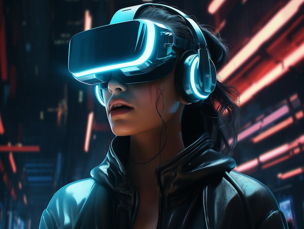 Foto gratuita persona que lleva gafas de realidad virtual de alta tecnología futurista