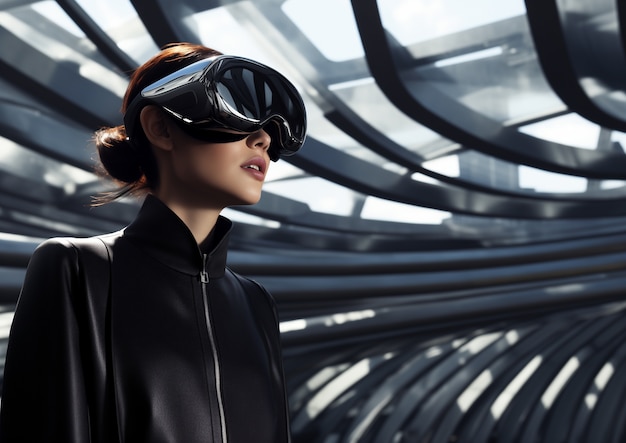 Foto gratuita persona que lleva gafas de realidad virtual de alta tecnología futurista