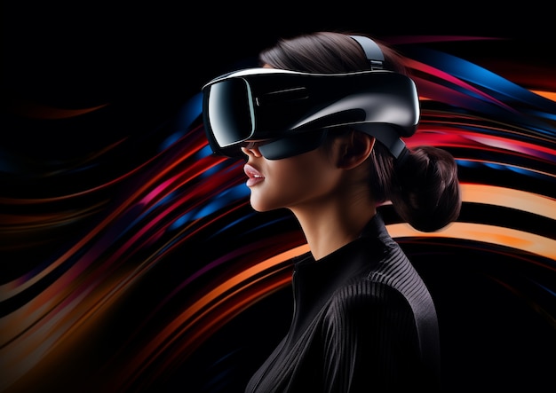 Persona que lleva gafas de realidad virtual de alta tecnología futurista