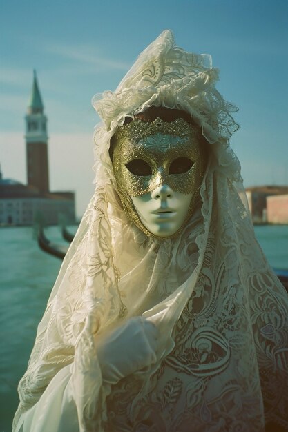 Persona que participa en el carnaval de Venecia con un disfraz y una máscara
