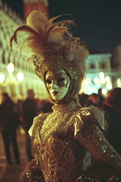 Persona que participa en el carnaval de Venecia con un disfraz y una máscara