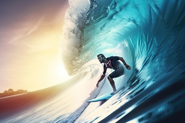 Persona que practica surf en el gran generativo Blue Ocean Wave Ai