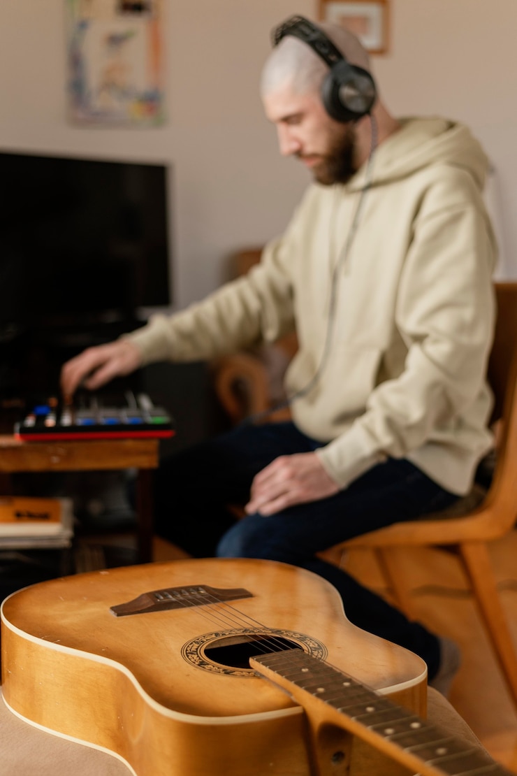 Foto gratuito persona que produce música en interiores