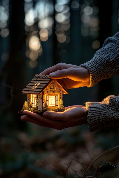 Foto gratuita persona que tiene una casa pequeña en un bosque