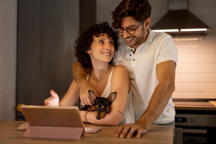 Foto gratuito persona que trabaja desde casa con un perro de mascota